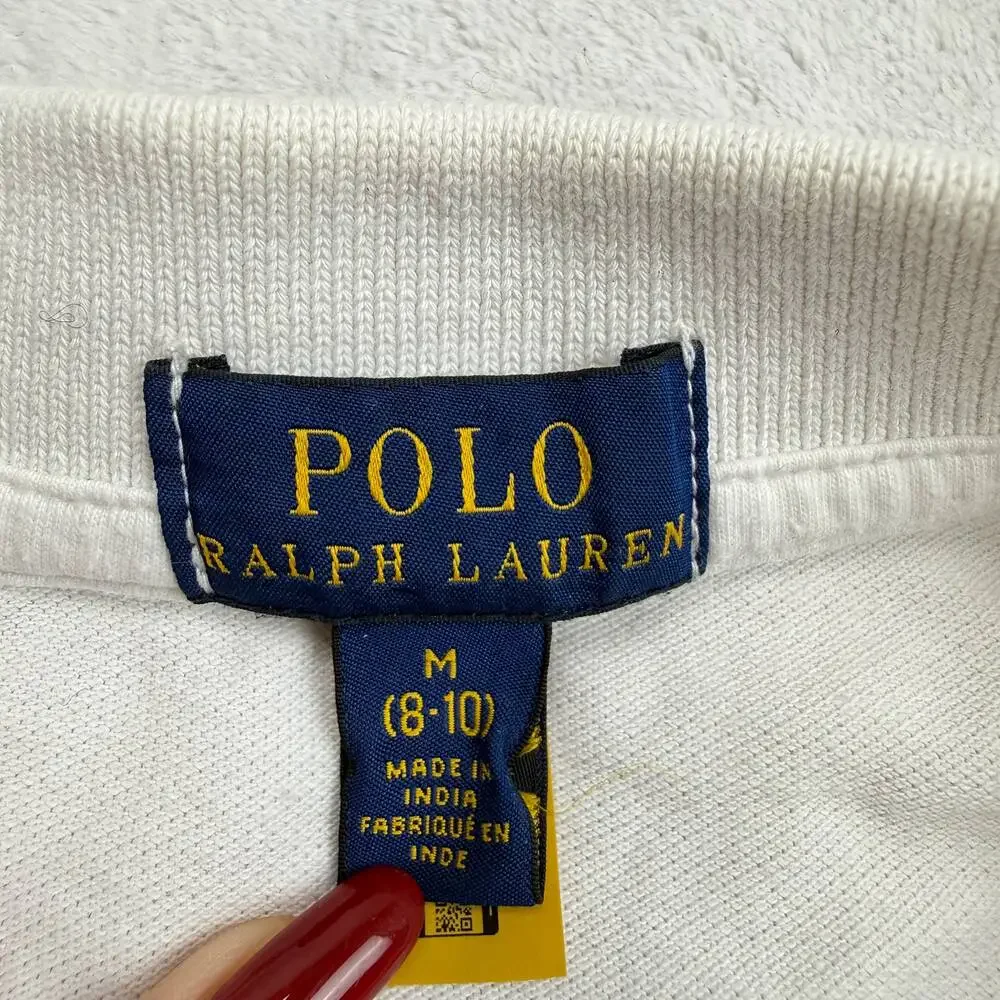 Ralph Lauren Girls White Polo Shirt Size M (8-10) Short Sleeve Cotton Pique Logo